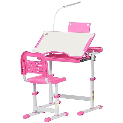 Image of HOMCOM Kids Desk and Chair Set, Height Adjustable Study Desk with Tiltable Desktop, USB Lamp, Storage Drawer for Study, Pink