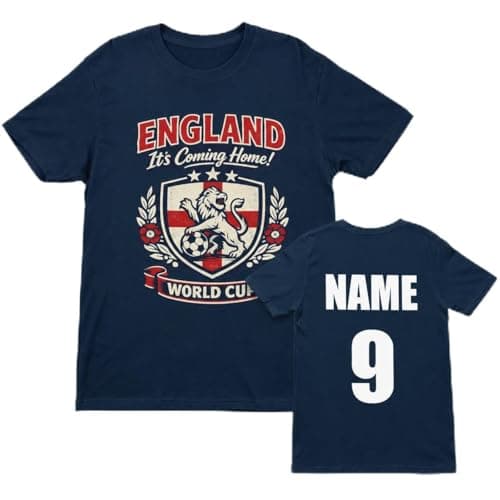 Image of Galaxy Tees Personalised England World Cup T-Shirt, Custom Name & Number Back Print, Adult Unisex Football Fan Shirt, White Black Navy Military Green (UK, Alpha, M, Regular, Regular, Navy Blue)