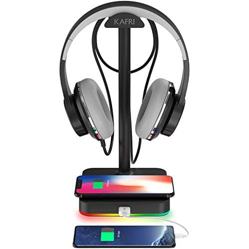 Image of RGB Headphone Stand with Wireless Charger KAFRI Desk Gaming Headset Holder Hanger Rack with 10W/7.5W QI Charging Pad and QC 3.0 USB Port - Suitable for Gamer Desktop Table Game Earphone Accessories