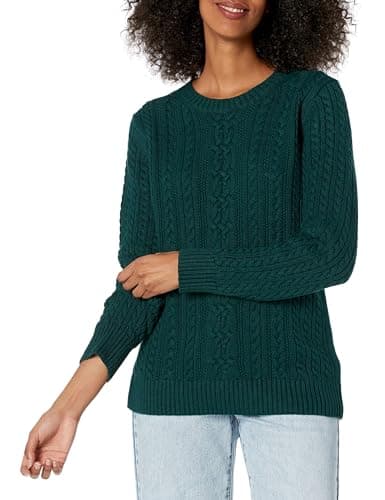 Image of Amazon Essentials Women's Fisherman Cable Knit Long-Sleeve Crewneck Jumper (Available in Plus Size), Deep Green, XS