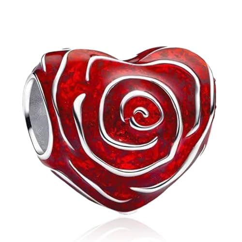 Image of Doyafer Red Rose Love Charm 925 Sterling Silver Charm Fit Women's Bracelet Necklace Pendant Jewelry Gift for Family and Friends