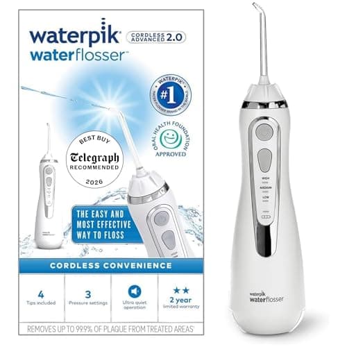 Image of Waterpik Cordless Advanced Water Flosser, 3 Pressure Settings, Dental Plaque Removal Tool, Ideal for Travel or Small Bathrooms, USB Charger, White, WP-580UK