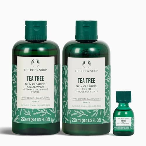Image of The Body Shop Cleanse and Purify Routine, Tea Tree Skin Clearing Facial Wash 250ml, Tea Tree Skin Clearing Toner 250ml, Tea Tree Oil for Skin 20ml, Blemish-Prone Oily Skin Care, Vegan Skincare Set