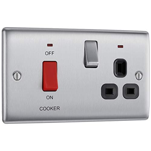Image of BG Electrical Cooker Switch with Socket and LED, Cooker Control Unit, Control Socket, Double Pole, Raised Profile, Round Edges, Nexus Metal, Brushed Steel, Black Inserts, 45A, NBS70B