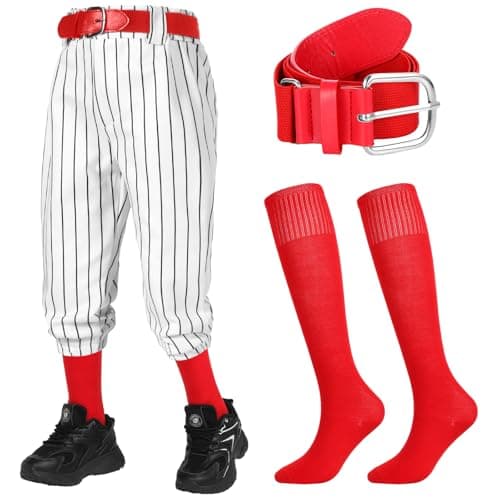 Image of Cozypower Youth Boys Girls 3 Piece Baseball Combo Set Softball Pants with Socks and Belt, Red, Black and White, 8-9 Years