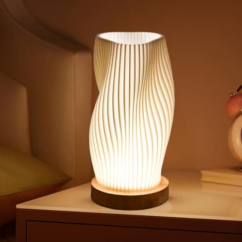 Image of Focenat Modern White Wooden Composite Material Table Lamp with 3 LED Light Sources, 3 Colours & 9 Brightness Levels, Removable Washable Lampshade, Non-Slip Base, USB Powered