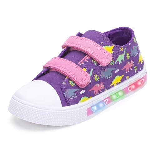 Image of Girls Light Up Trainers Toddler Boys Canvas Shoes Kids Dinosaur Easy Fasten Walking Shoes with Hook and Loops Shoes Size 8