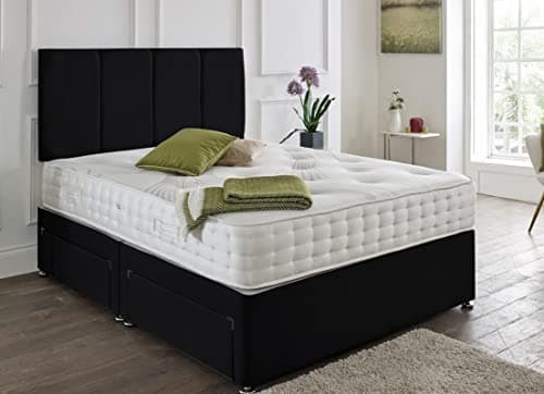 Image of SANA SLEEP Designer Premium Plush Fabric Divan Bed Set With Open Coil Spring Memory Foam Mattress, No Storage and Matching Headboard 4FT Small Double - Plush Black