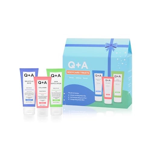 Image of Q+A Bodycare Treats Gift Set, 3-Step Routine for Smooth, Soft Skin, Salicylic Acid Body Wash (75ml), AHA Body Scrub (75ml) & Collagen Body Butter (50ml), Stocking Stuffers and Travel Size Toiletries