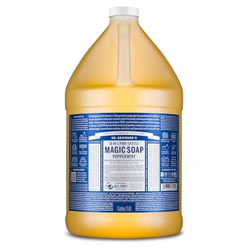 Image of Dr Bronner's 18-in-1 Peppermint Pure-Castile Liquid Soap, Made with Organic Oils, Used for Face, Body, Hair, Laundry, Pets and Dishes, Certified Fair Trade & Vegan Friendly, 3,79Ltr Recycled Bottle