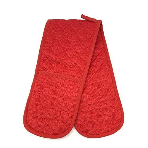 Image of Gr8 Home Butcher Stripe Heat Resistant Thick Padded Double Oven Gloves Quilted Pinstripe Plain Kitchen BBQ Baking Mitts[Red Plain Double]