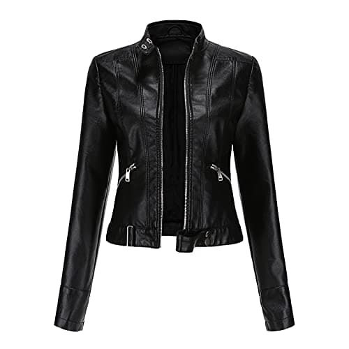 Image of YFFUSHI Women Classic Faux Leather PU Moto Biker Jacket Short Slim Fit Casual Zip Up Coat