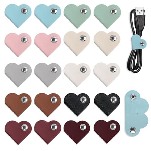 Image of 20 PCS Heart Cord Organizer, PU Leather Cord Keeper Earbud Holder, Charging Cable Holder with Snap Buckle for Headphones, Charging Cables (Multicolor)