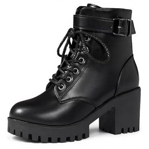 Image of Dernolsea Heeled Ankle Boots for Women, Lace Up Mid Block Heel Ladies Chunky Platform Boots Zip Black Size 3