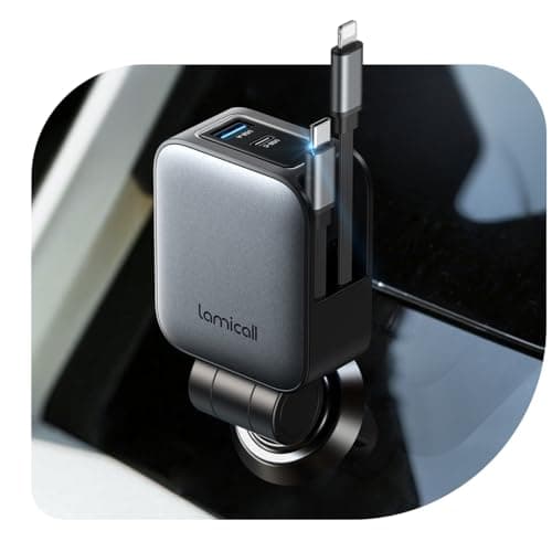 Image of Lamicall 4-IN-1 Retractable Car Phone Charger - [2 Retractable Cable] [50% Smaller] 75W Cigarette Lighter USB Charger Adapter with Type-C & iPhone Cable/USB-C/USB-A, 12V/24V Socket for iPhone/iPad/S26