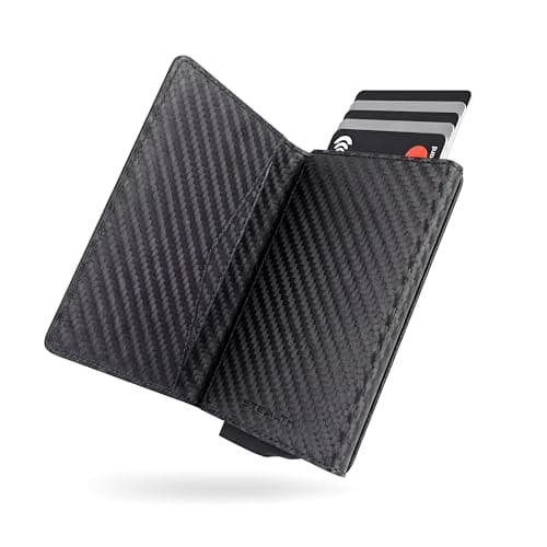 Image of Stealth Wallet - Smart Minimalist Card Holders - RFID/NFC Blocking Pop Up Wallets with Gift Box - Slim Lightweight Credit Cards (Black Carbon Leather, Magnetic Closure)