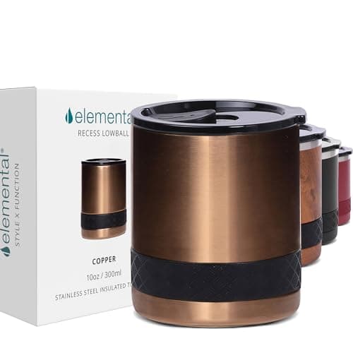 Image of Elemental Lowball Insulated Tumbler - 300 ml Coffee Mug - Stainless Steel Travel Mug - Triple Wall Coffee Cup Travel Mug - Non-Shattered Tritan Lid - Whiskey Glass - Copper
