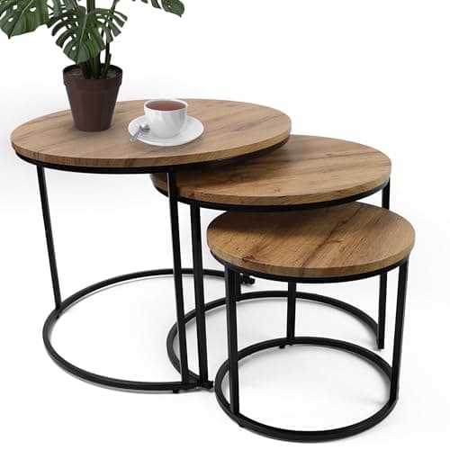 Image of DIVCHI Nest of Tables Set of 3 Round – Modern Nesting Coffee Tables with Wood Look Top & Black Metal Base, Space Saving Side Tables for Living Room, Bedroom & Balcony (Light Oak)