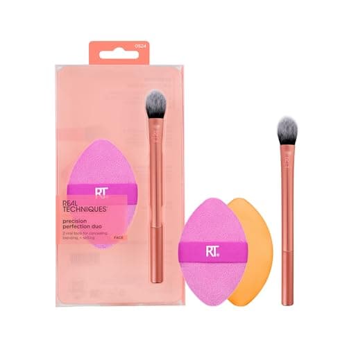 Image of Real Techniques Precision Perfection Duo, Viral Kitten Paw Concealer Brush & Dual-Sided Powder Puff For Powder & Foundation, Travel Friendly Makeup Brush Set, Cruelty-Free, 2 Piece Set