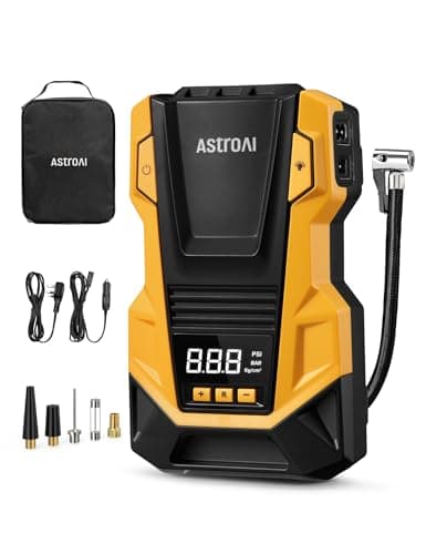 Image of AstroAI Car Tyre Inflator Air Compressor, 240V Mains and 12V DC Dual Power Supply Tyre Pump with Digital Pressure Gauge, Max 150PSI Car Accessories Pumps for Cars Bike Motocycle Ball