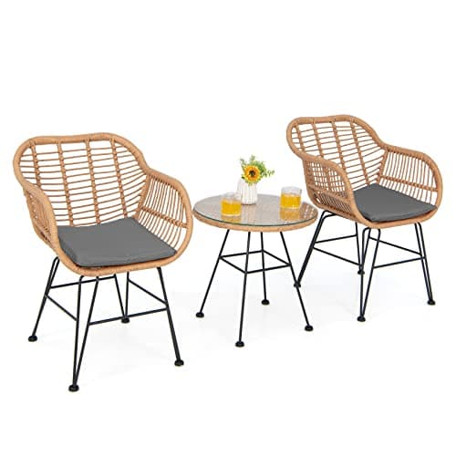 Image of COSTWAY 3-Piece Rattan Garden Furniture Set, String Patio Bistro Set with Tempered Glass Table and 2 Chairs, Outdoor Wicker Dining Set Conversation Table Chairs for Terrace Yard Poolside (Grey)