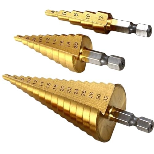 Image of 3 Pcs Large HSS Steel Step Cone Drill Bit Set – Durable Titanium Coated, 4-12mm, 4-20mm, and 4-32mm Sizes for Metal, Wood, and Plastic