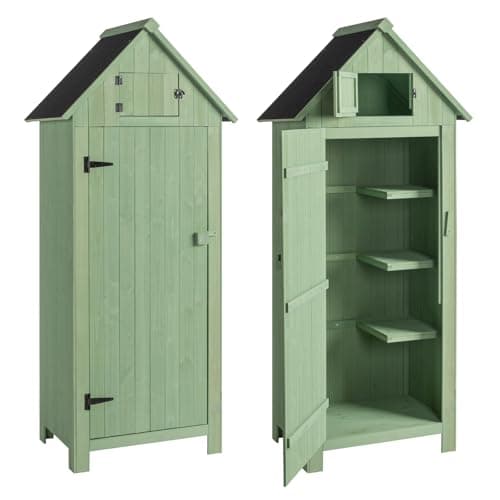 Image of Outopee Wooden Garden Shed with Single Door and Slope Roof, Outdoor Storage Shed, Waterproof Utility Wooden Lockers, 77 x 54.3 x 179 cm, Green