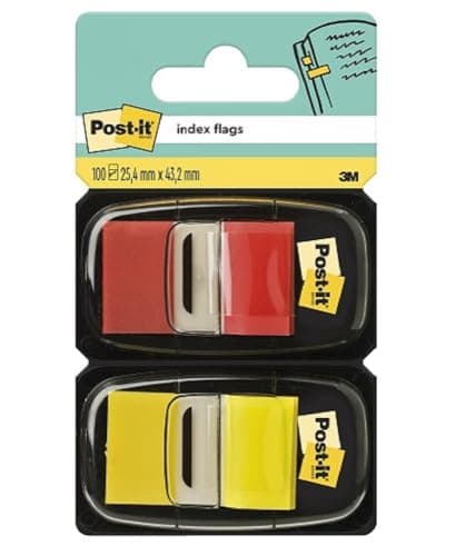 Image of Post-it Index Flags, Medium, Red and Yellow, 2 Dispensers 25.4 mm x 43.2 mm, 100 Flags - To Mark, Highlight or Colour Code Important Information