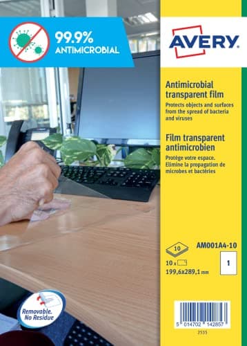 Image of Avery Antimicrobial Film clear film, 1 Label per A4 Sheet, 10 sheets per pack (AM001A4-10)
