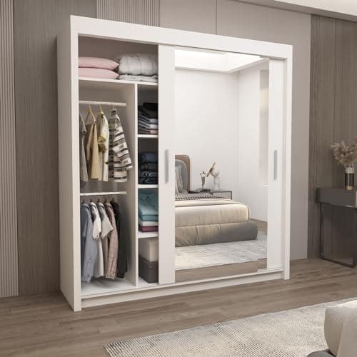 Image of IE INTERIOR EMPORIUM Milan Full Mirror Double Sliding Door Wardrobe (or three in the 250cm size) With Shelves, Hanging Rails and LED Light in 6 Sizes & 4 Colors (150cm, White)