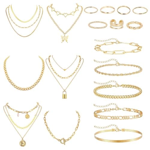 Image of DAVBNM 17Pcs Gold Silver Jewelry Sets Rings Bracelets for Women Layered Necklace Chunky Knuckle Rings, Women's Jewellery Set, Fashion Necklace Stack Waterproof Gold Jewellery Set for Women(gold)