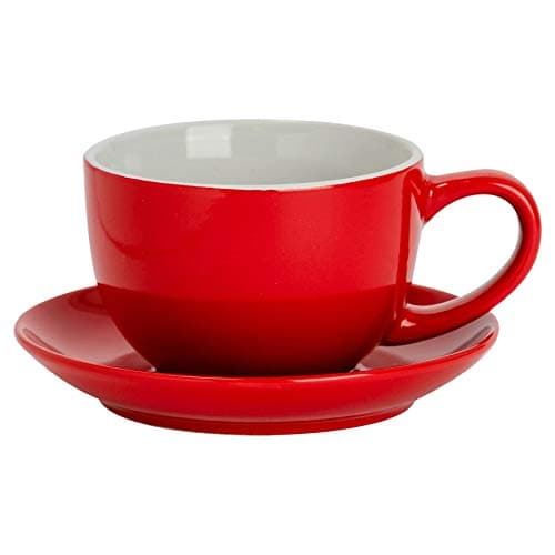 Image of Argon Tableware Red Cappuccino Cup with Saucer - 250ml Dishwasher Safe Gloss Stoneware Cappuccino Cups and Saucer Set Coffee Mugs with Handle and Grooved Plate