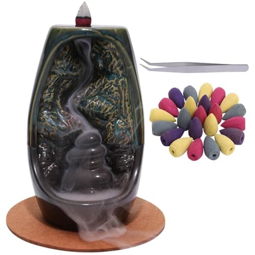Image of Ceramic Backflow Incense Burner - 80 Pcs Waterfall Backflow Incense Cones - for Yoga, Relaxation, Purification, Meditation Gift