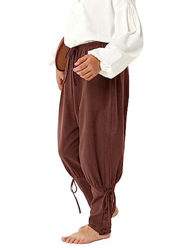 Image of Haloumoning Boys Kids Medieval Ankle Pants Cosplay Renaissance Steampunk Viking Pirate Costume Lace Up Tapered Banded Gothic Trousers, Brown, 10-12 Years