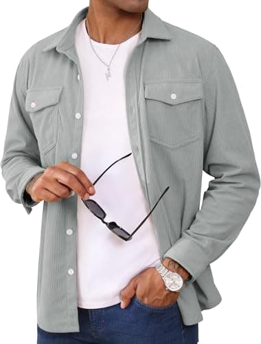 Image of MAGCOMSEN Men's Long Sleeve Shirts Casual Corduroy Shirt Loose Fit Button Down Shacket Jacket with Pockets Leisure Light Grey