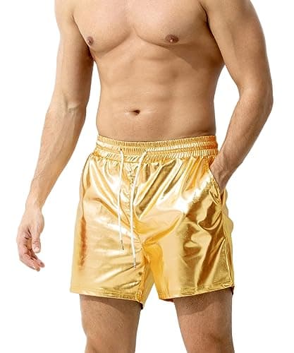 Image of Casey Kevin Men's Metallic Shorts Reflective Rave Shorts with Pockets,CK3112-Gold, XS