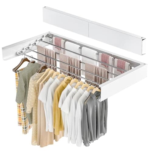 Image of GROWNEER 100 cm x 40 cm x 10cm Wall Mounted Clothes Airer Retractable Foldaway Laundry Clothes Drying Rack 30kg Capacity With 5 Rods for Indoor Outdoor Saving Space (White)