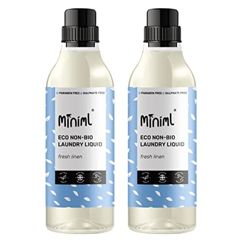 Image of Miniml Eco Laundry Liquid Washing Detergent 2 x 1L - Natural Non Bio Fresh Linen Scented Clothes and Fabric Softener for Machine or Delicate Hand Cleaning - 100% Vegan & Cruelty Free (66 Washes)