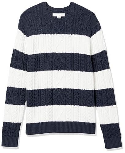 Image of Amazon Essentials Men's Long-Sleeve 100% Cotton Fisherman Cable Crewneck Jumper, Navy White Rugby Stripe, L