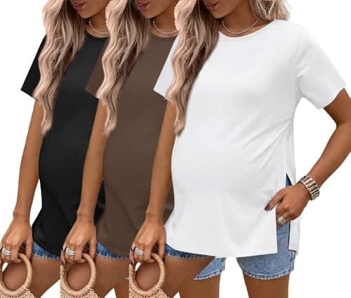 Image of Ekouaer 3 Pack Women's Short Sleeve Maternity Tops Loose Fit Basic T-Shirt Split Side Casual Pregnancy Clothes Brown + White + Black M