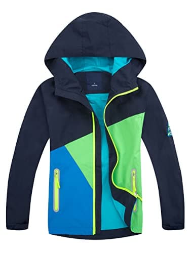 Image of YoungSoul Boys Girls Colorblocked Raincoat Lightweight Outdoor Waterproof Jacket with Hood Dark Blue 12-13 Years (manufacturers's size: 160)
