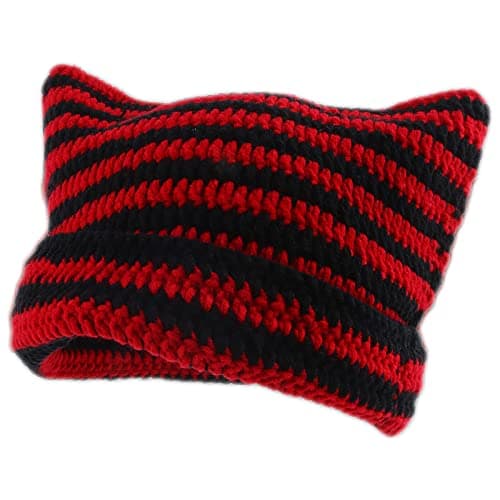 Image of Women's Cat Beanie Crochet Hats with Ears Knitted Striped Winter Warm Elastic Cap for Girls Adults Kids (Black Red)