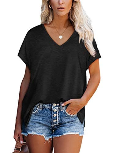 Image of Aokosor Ladies T Shirts Women V Neck Summer Tops Extended Shoulder Casual Tee Work Black Size 22-24