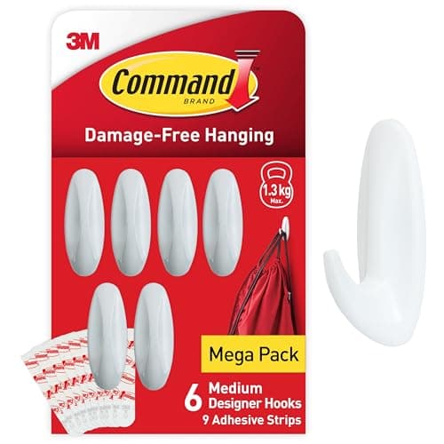 Image of Command Medium Designer Hooks, White - Pack of 6 Hooks and 9 Adhesive Strips - Damage Free Hanging - Holds up to 1.3kg