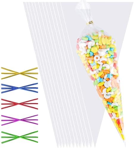 Image of 100pcs Sweet Cone Bags,30 * 16cm Cones Bags with 100pcs Colorful Ties, Triangle Sweet Cones Bag for Candy,Cookie,Baking,Displaying and Wrapping