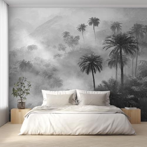 Image of Tropical Jungle Photo Wallpaper, Black White Forest Wallpaper Mural, 390x260cm Wall Paper for Bedroom Living Room, Non-Woven Wall Mural Room Decor EL&D78
