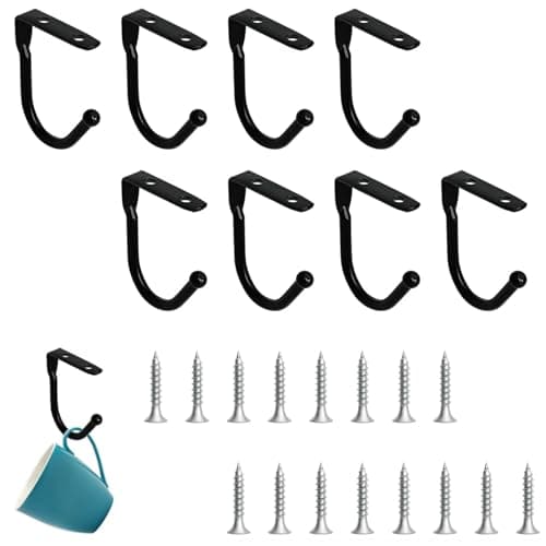 Image of ZzhLEYILE 8 Pack Black Cup Hooks for Home Coffee Station, Mug Hooks Under Cabinet with 16 M4 Screws, Coffee Bar Accessories for Hanging Tea Cups, Mugs and Kitchen Utensils, Space Saving