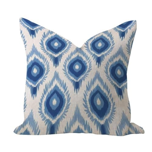 Image of Vintage Throw Pillow Cover 16x16 Abstract Geometric Ethnic Oriental Ikat Blue Holiday Decor Comfortable Pillows Cushion Covers Blue Fresco Euro Sham Linen Throw Pillows Cover for Car Office Outdoor