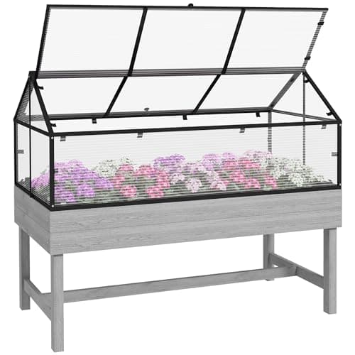 Image of Outsunny Raised Garden Bed with Cold Frame Greenhouse, Elevated Wood Planter Box with Polycarbonate Panel and Top Vent for Vegetables, Flowers, Herbs, 120 x 60 x 103cm, Distressed Grey