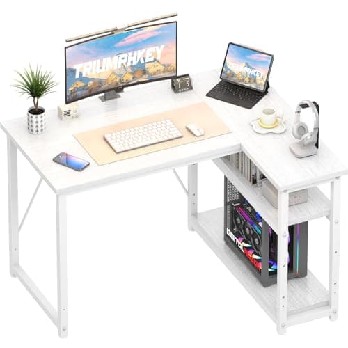 Image of TRIUMPHKEY 100 * 80cm L Shaped Computer Desk with Reversible Large Storage Shelves, Corner Desk Computer Workstation Matching Under Desk Height Adjustable Storage, Home Office Work Table White